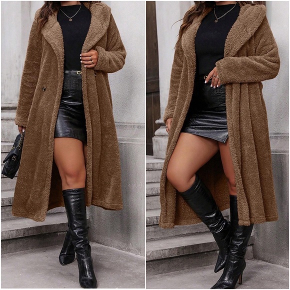 Plus Sherpa Teddy Button Hoodie Long Jacket Coat - Picture 2 of 5